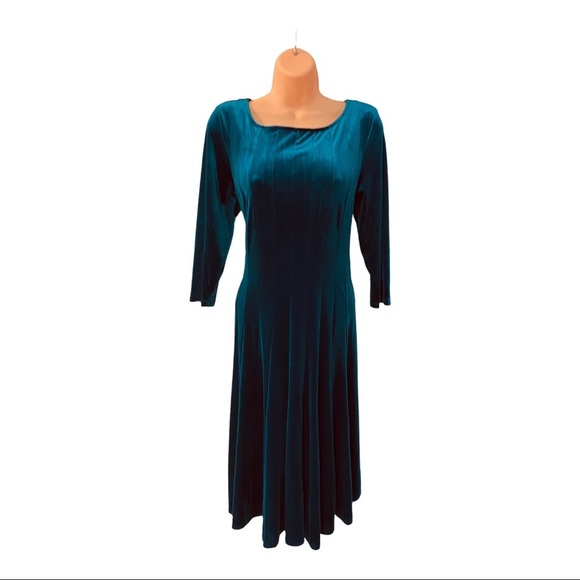 Midnight Velvet Teal Blue Stretchy Night Out Knee Length Office Party Dress - Picture 4 of 12